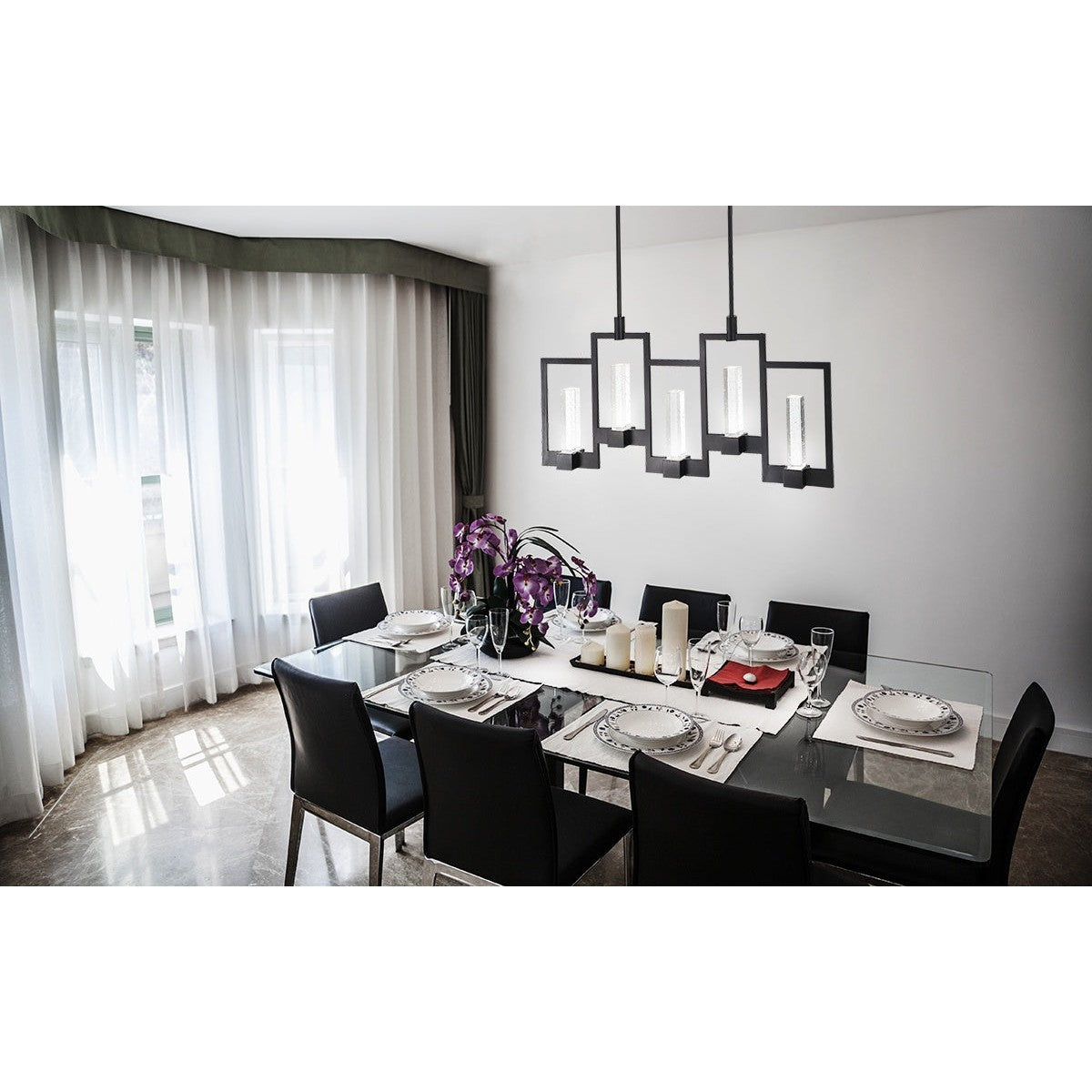 Eurofase Lighting Hanson 39" 10-Light Dimmable Integrated LED Metal Linear Black Chandelier With Clear Seeded Shades