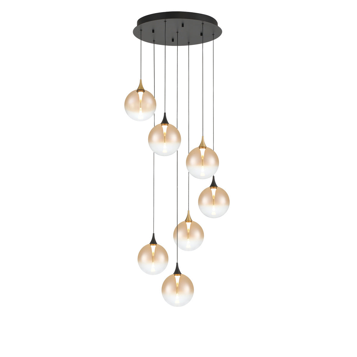 Eurofase Lighting Iissa 21" 7-Light Integrated LED Amber Glass Shade Gold and Black Steel Multi-Drop Chandelier