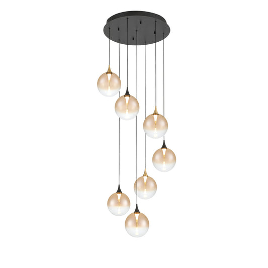Eurofase Lighting Iissa 21" 7-Light Integrated LED Amber Glass Shade Gold and Black Steel Multi-Drop Chandelier