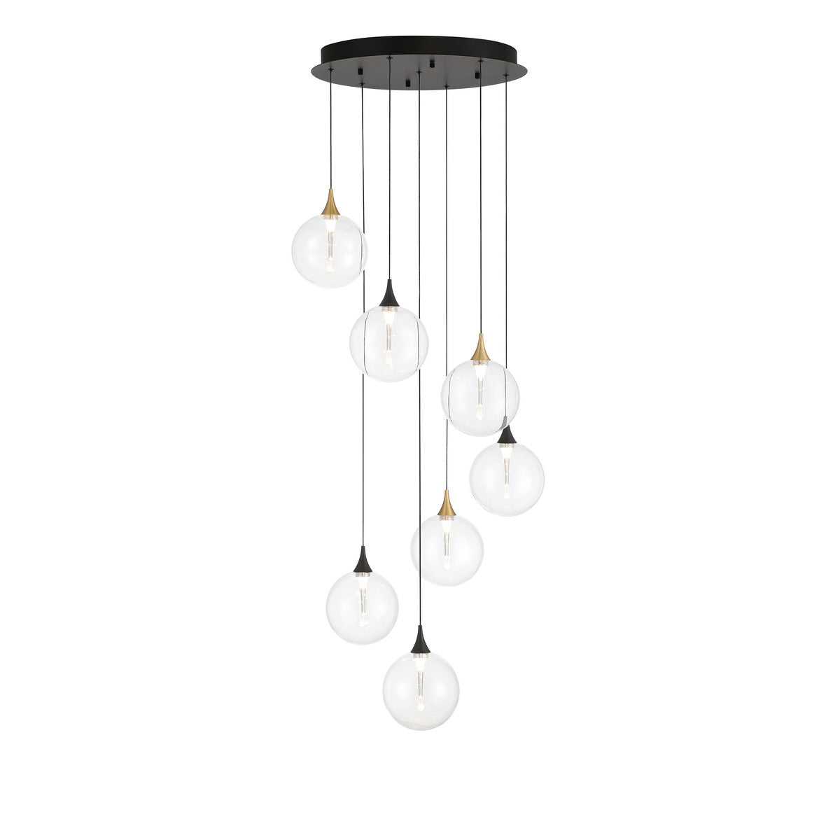 Eurofase Lighting Iissa 21" 7-Light Integrated LED Clear Glass Shade Gold and Black Steel Multi-Drop Chandelier