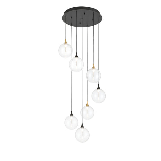 Eurofase Lighting Iissa 21" 7-Light Integrated LED Clear Glass Shade Gold and Black Steel Multi-Drop Chandelier