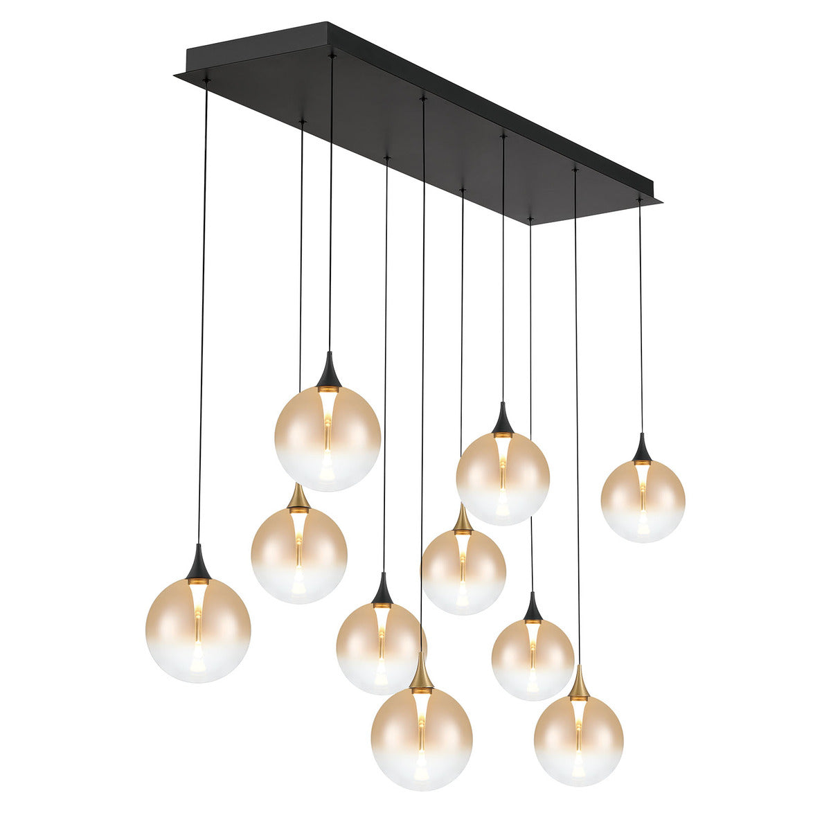 Eurofase Lighting Iissa 47" 10-Light Integrated LED Amber Glass Shade Gold and Black Steel Multi-Drop Chandelier