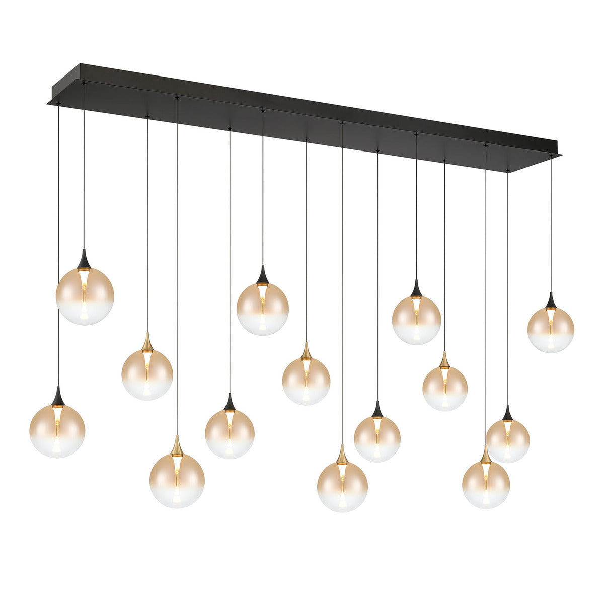 Eurofase Lighting Iissa 72" 14-Light Integrated LED Amber Glass Shade Gold and Black Steel Multi-Drop Chandelier