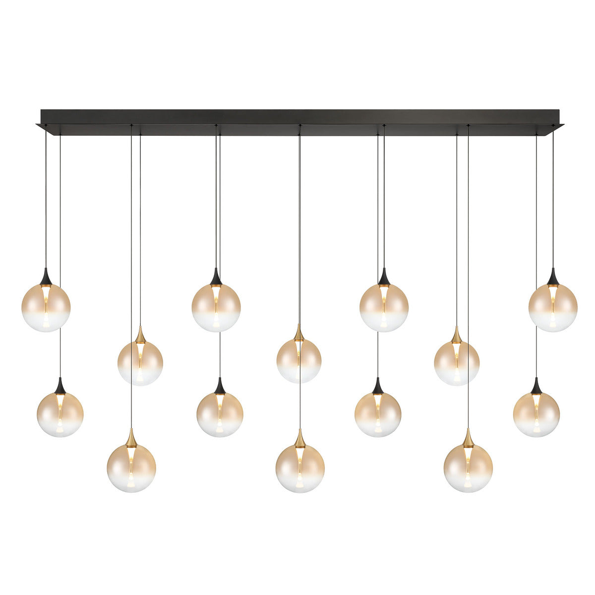 Eurofase Lighting Iissa 72" 14-Light Integrated LED Amber Glass Shade Gold and Black Steel Multi-Drop Chandelier