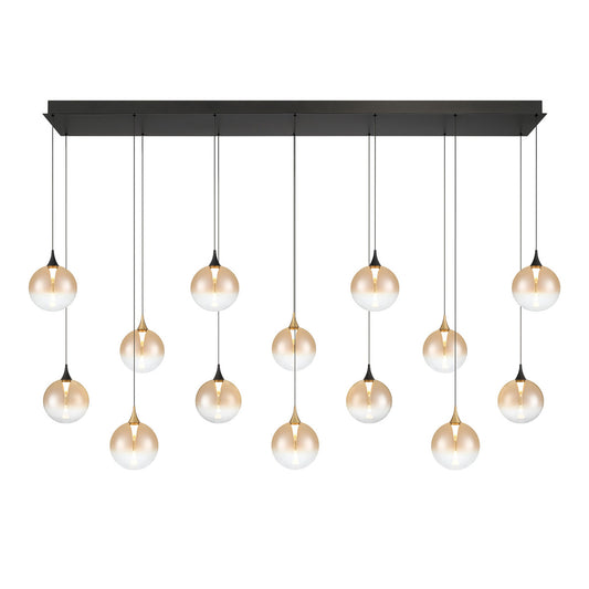 Eurofase Lighting Iissa 72" 14-Light Integrated LED Amber Glass Shade Gold and Black Steel Multi-Drop Chandelier