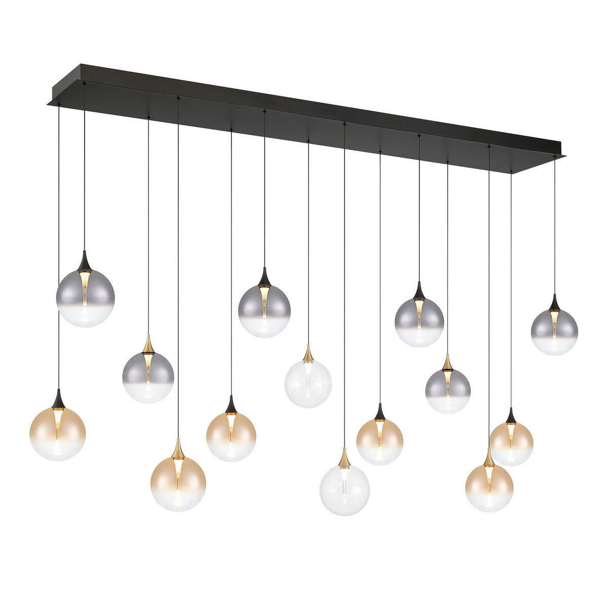 Eurofase Lighting Iissa 72" 14-Light Integrated LED Mixed Glass Shade Gold and Black Steel Multi-Drop Chandelier