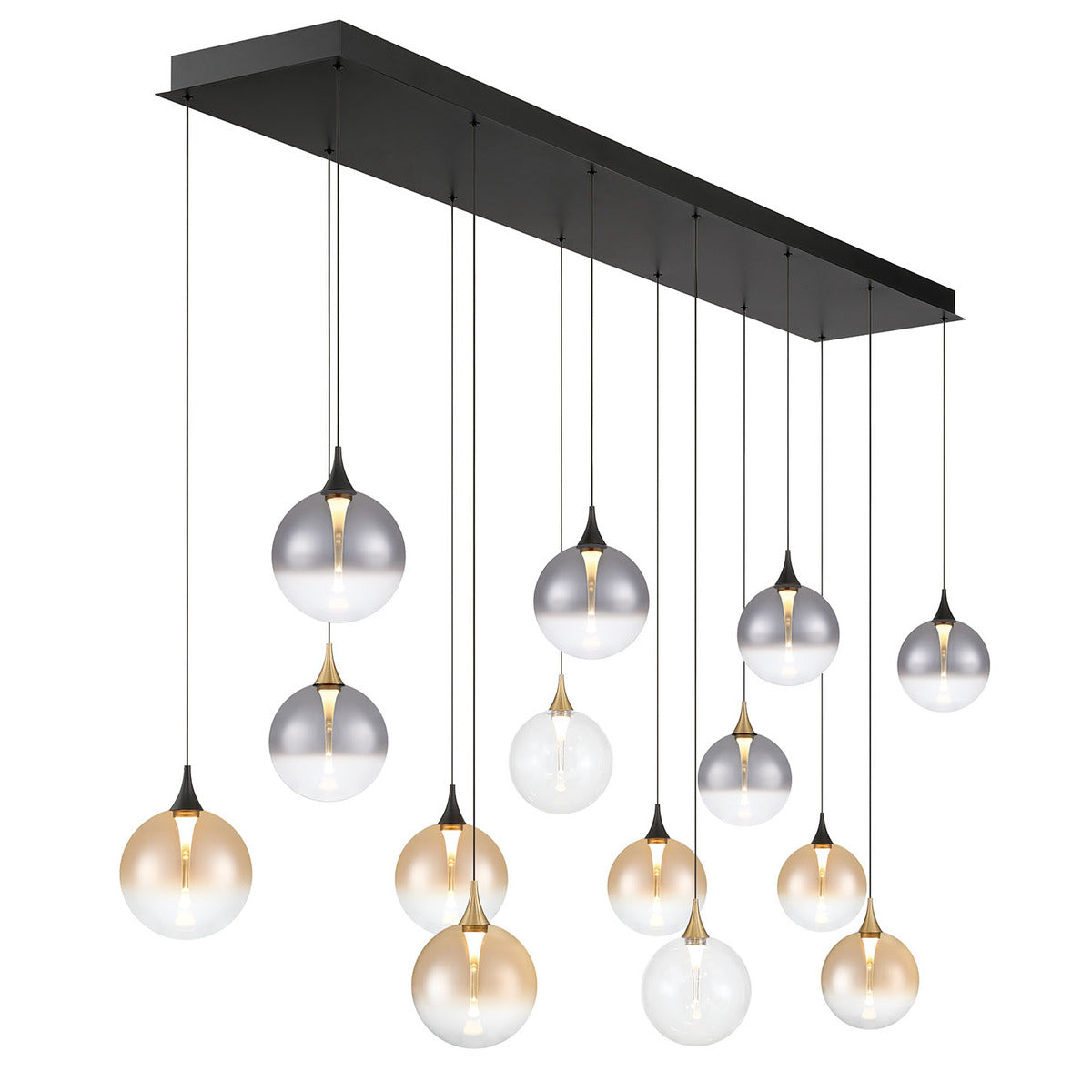 Eurofase Lighting Iissa 72" 14-Light Integrated LED Mixed Glass Shade Gold and Black Steel Multi-Drop Chandelier