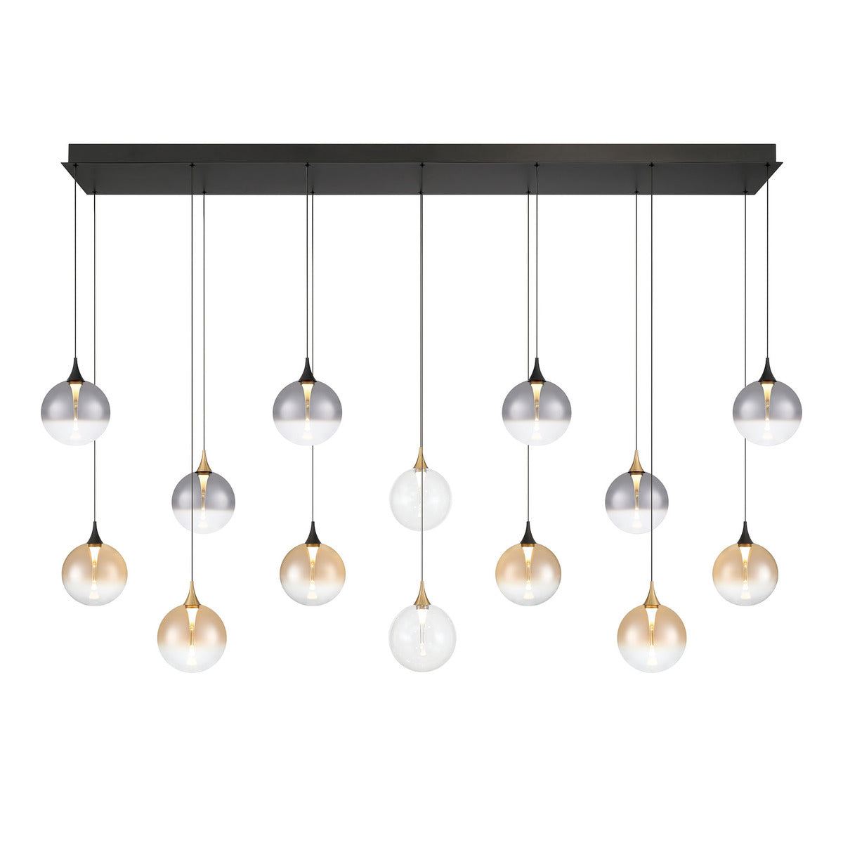 Eurofase Lighting Iissa 72" 14-Light Integrated LED Mixed Glass Shade Gold and Black Steel Multi-Drop Chandelier
