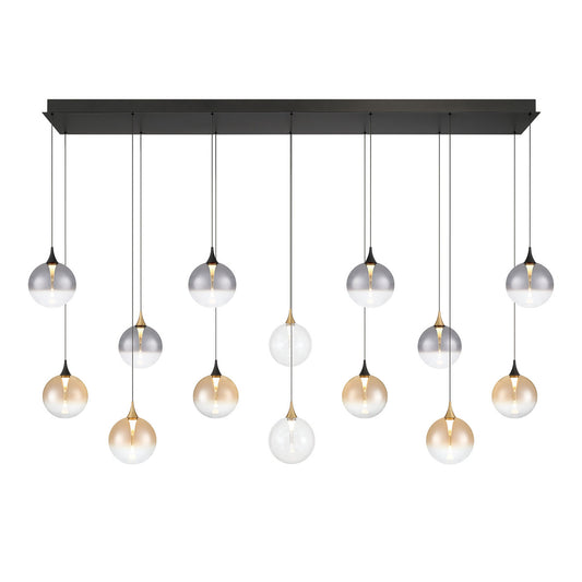 Eurofase Lighting Iissa 72" 14-Light Integrated LED Mixed Glass Shade Gold and Black Steel Multi-Drop Chandelier