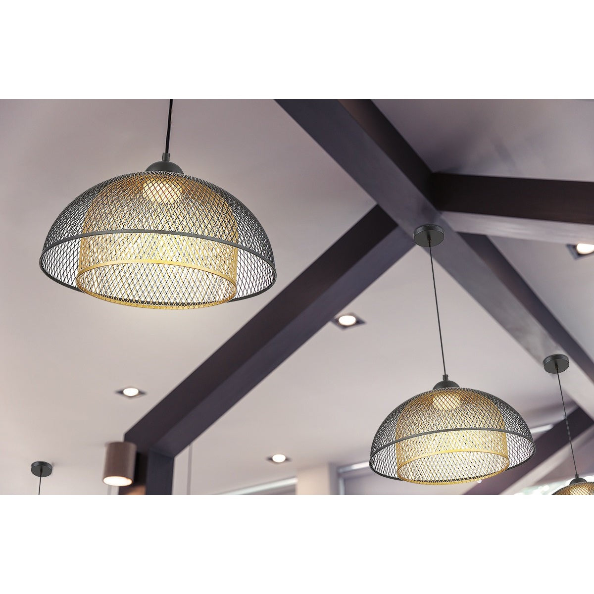 Eurofase Lighting Kenmore 16" Dimmable Integrated LED Metal Black Pendant Light With Black & Gold Metal Mesh Shades