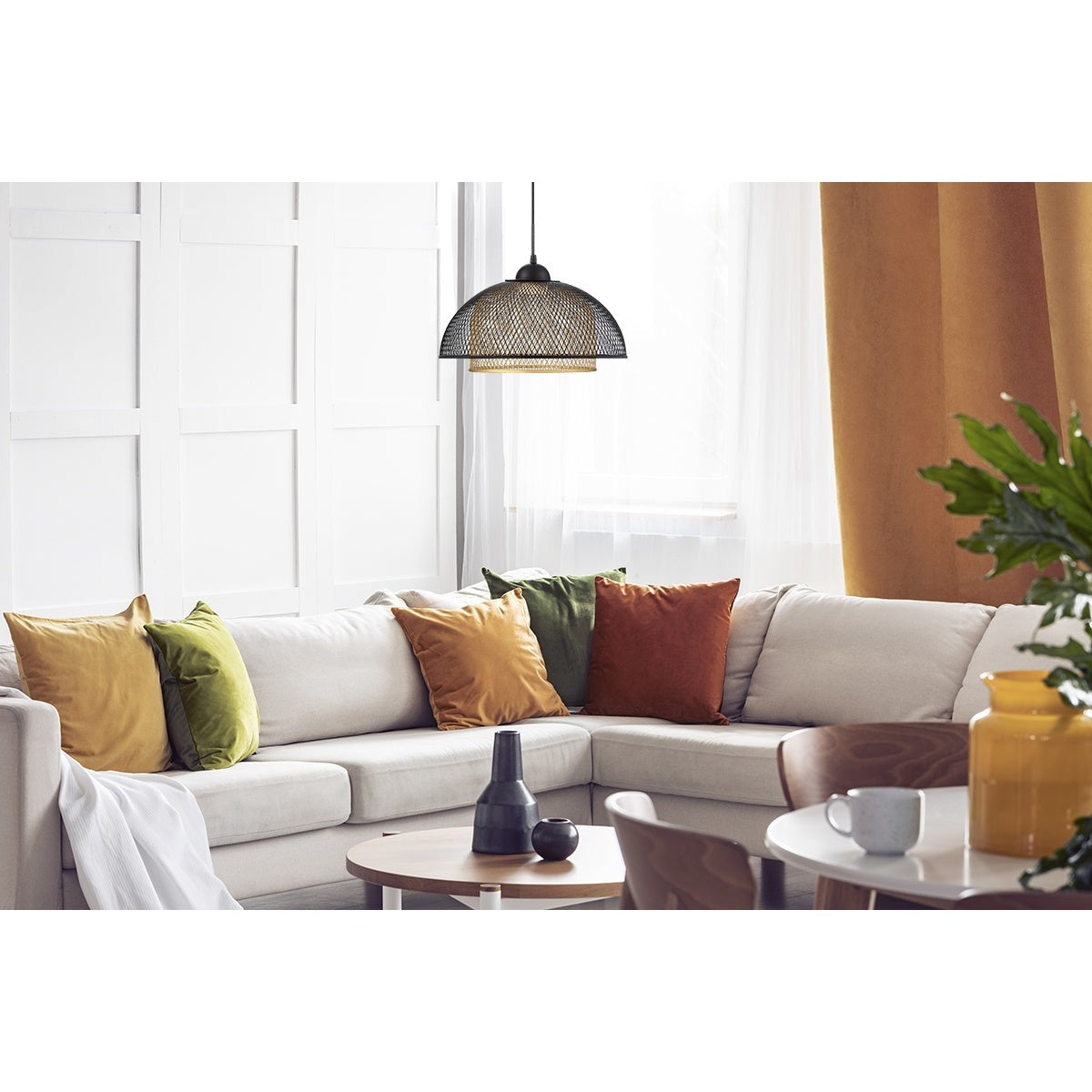 Eurofase Lighting Kenmore 16" Dimmable Integrated LED Metal Black Pendant Light With Black & Gold Metal Mesh Shades