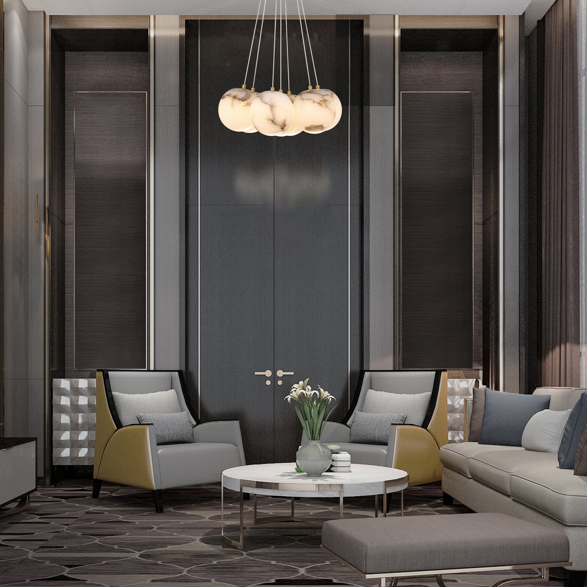 Eurofase Lighting Kepler 18" 7-Light Dimmable Integrated LED Gold Chandelier With White Alabaster Shades