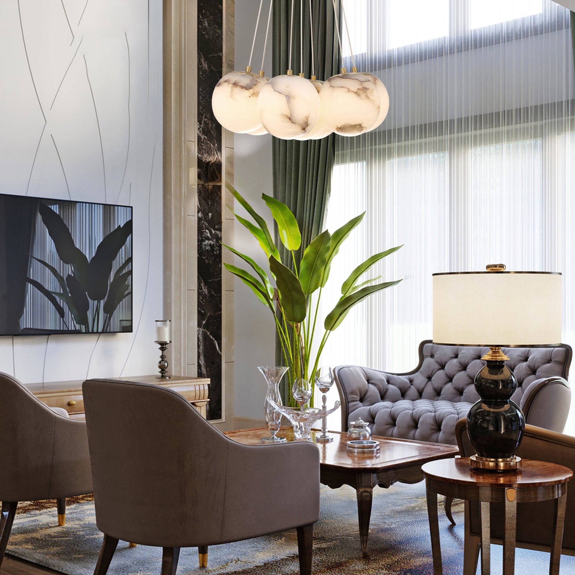 Eurofase Lighting Kepler 18" 7-Light Dimmable Integrated LED Gold Chandelier With White Alabaster Shades