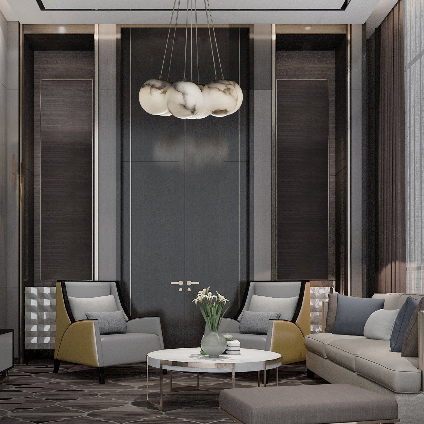Eurofase Lighting Kepler 29" 19-Light Dimmable Integrated LED Gold Chandelier With White Alabaster Shades