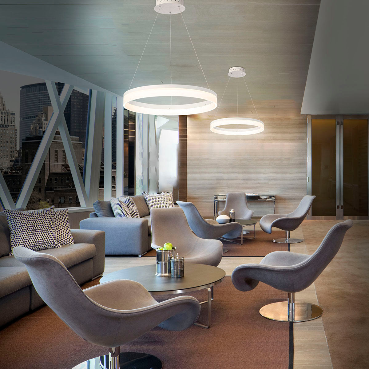 Eurofase Lighting Minuta 32" Large Round Dimmable Integrated LED Aluminum Sand White Chandelier With Frosted Acrylic Shade