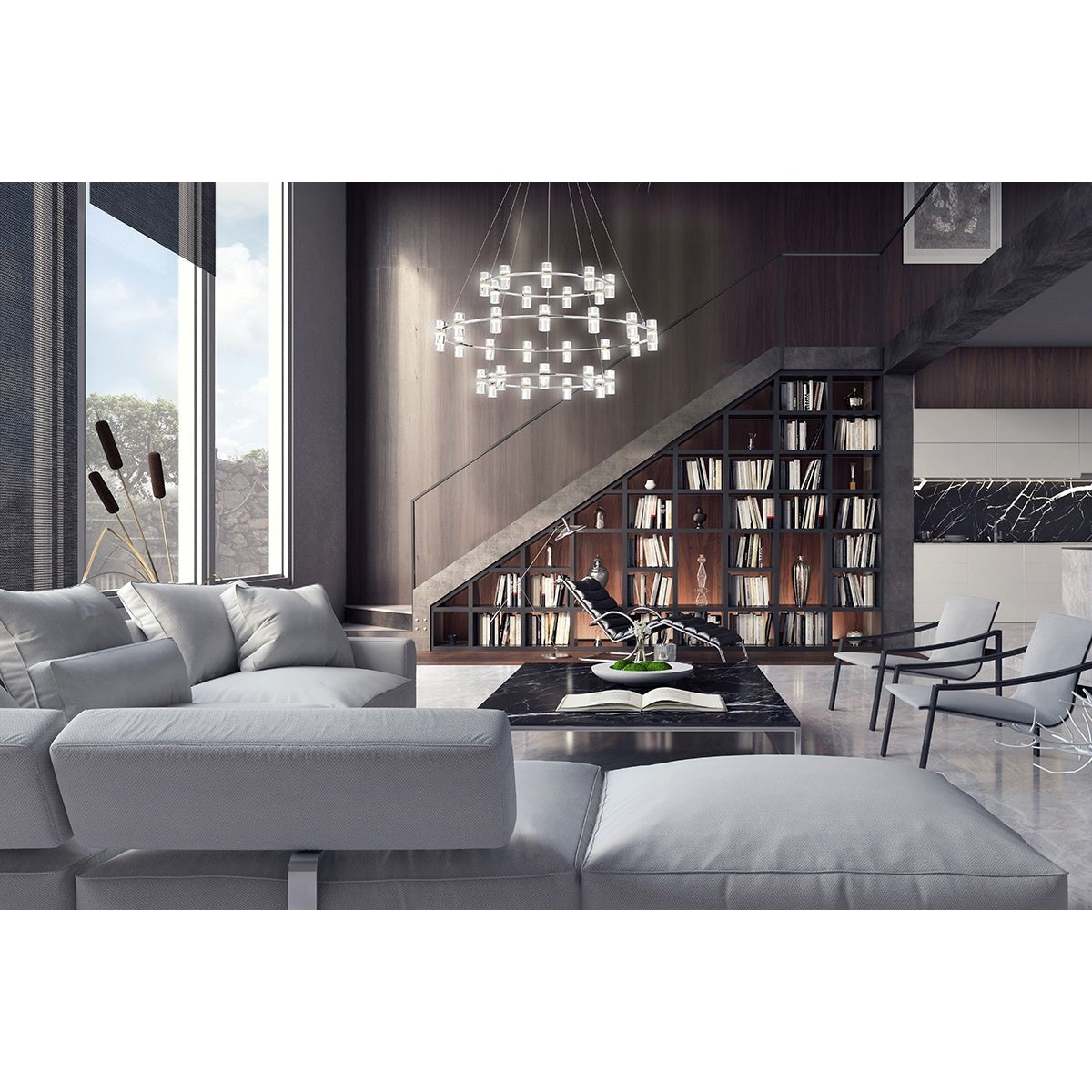 Eurofase Lighting Netto 41" 3-Tier Round Dimmable Integrated LED Chrome Metal Chandelier With Clear Acrylic Shades