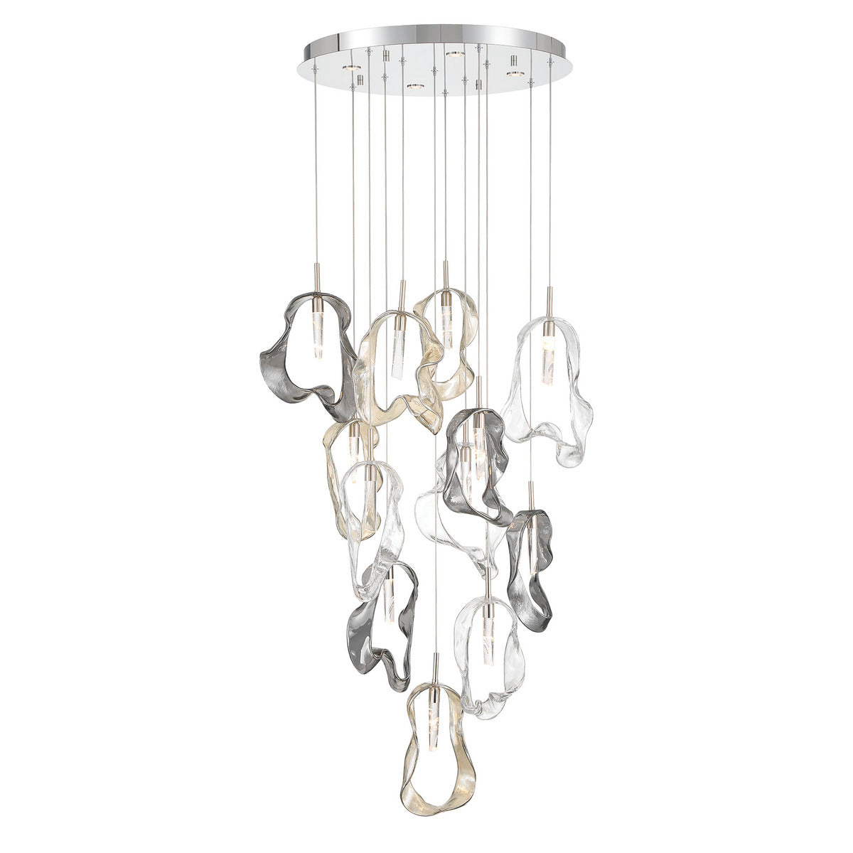 Eurofase Lighting Norah 24" 12-Light Integrated LED Glass Shade Polished Nickel Steel Multi-Drop Chandelier