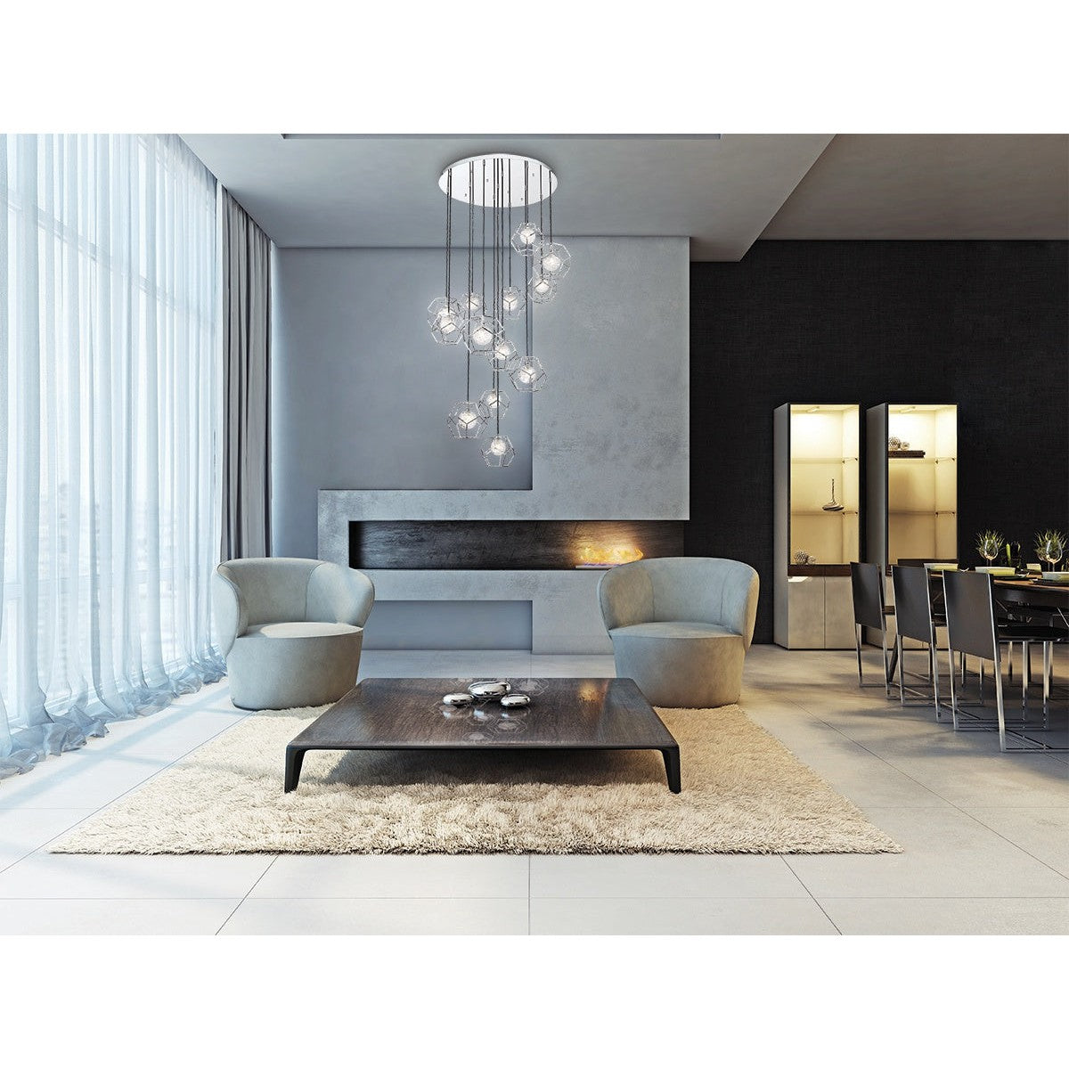 Eurofase Lighting Norway 41" 13-Light Round Dimmable LED Chrome Metal Chandelier With Hand Made Ice Glass Shades