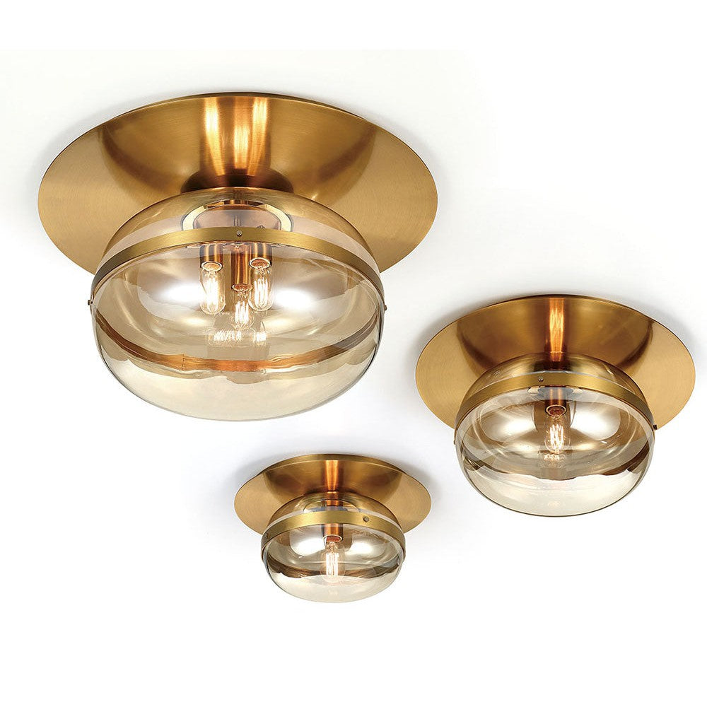 Eurofase Lighting Nottingham 10" Small Dimmable Incandescent Antique Brass Flush Mount With Amber Tinted Glass Orb Shade