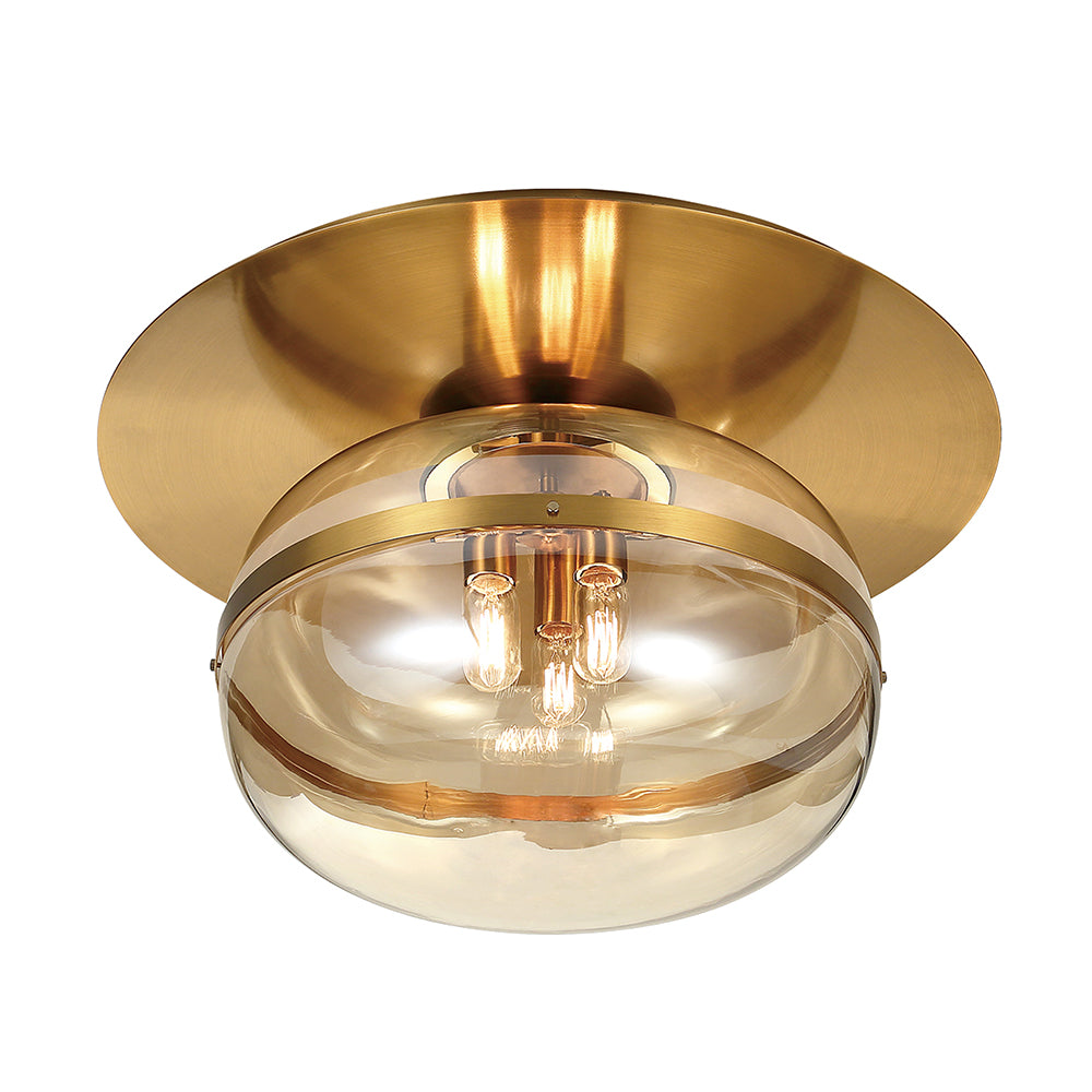 Eurofase Lighting Nottingham 20" 3-Light Large Dimmable Incandescent Antique Brass Flush Mount With Amber Tinted Glass Orb Shade