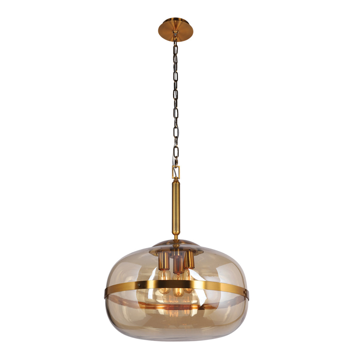 Eurofase Lighting Nottingham 20" 3-Light Large Dimmable Incandescent Antique Brass Pendant Light With Amber Tinted Glass Orb Shade