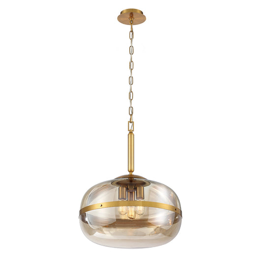 Eurofase Lighting Nottingham 20" 3-Light Large Dimmable Incandescent Antique Brass Pendant Light With Amber Tinted Glass Orb Shade