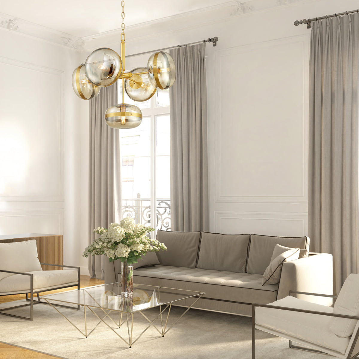 Eurofase Lighting Nottingham 28" 5-Light Dimmable Incandescent Antique Brass Chandelier With Champagne Glass Shades