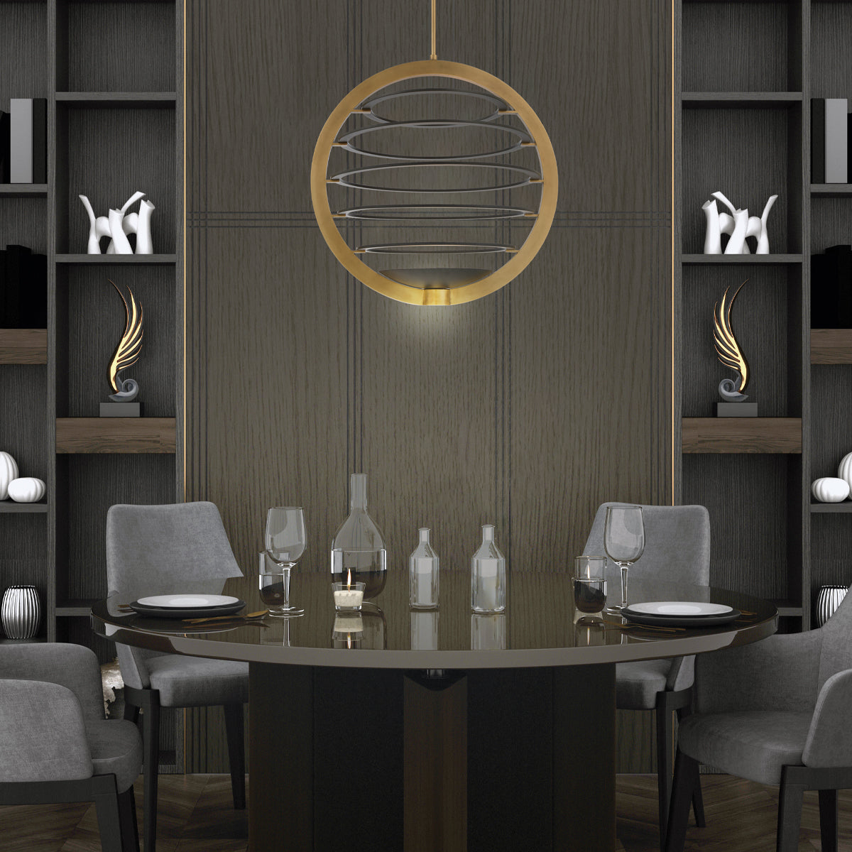 Eurofase Lighting Ombra 30" 2-Light Dimmable Integrated LED Brass Metal Chandelier With Black Strip Accent Shade