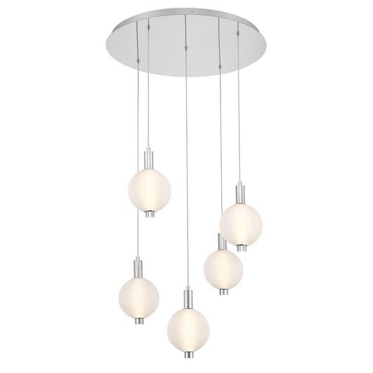 Eurofase Lighting Palmas 24" 5-Light Integrated LED Frosted Glass Shade Polished Nickel Multi Drop Chandelier