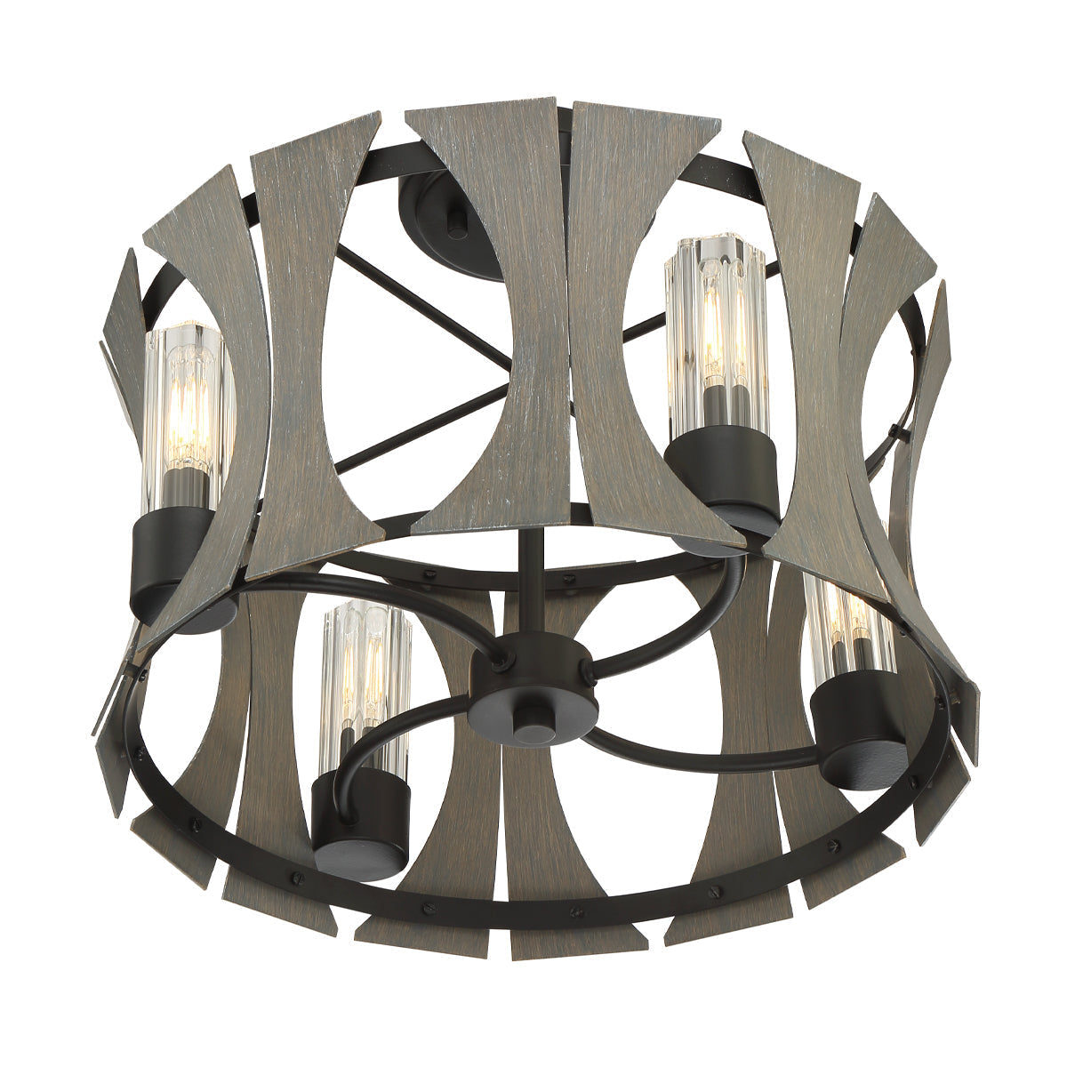 Eurofase Lighting Pennino 17" 4-Light Round Dimmable Bare Bulb LED Matte Black/ Gray Wood Metal Semi Flush Mount