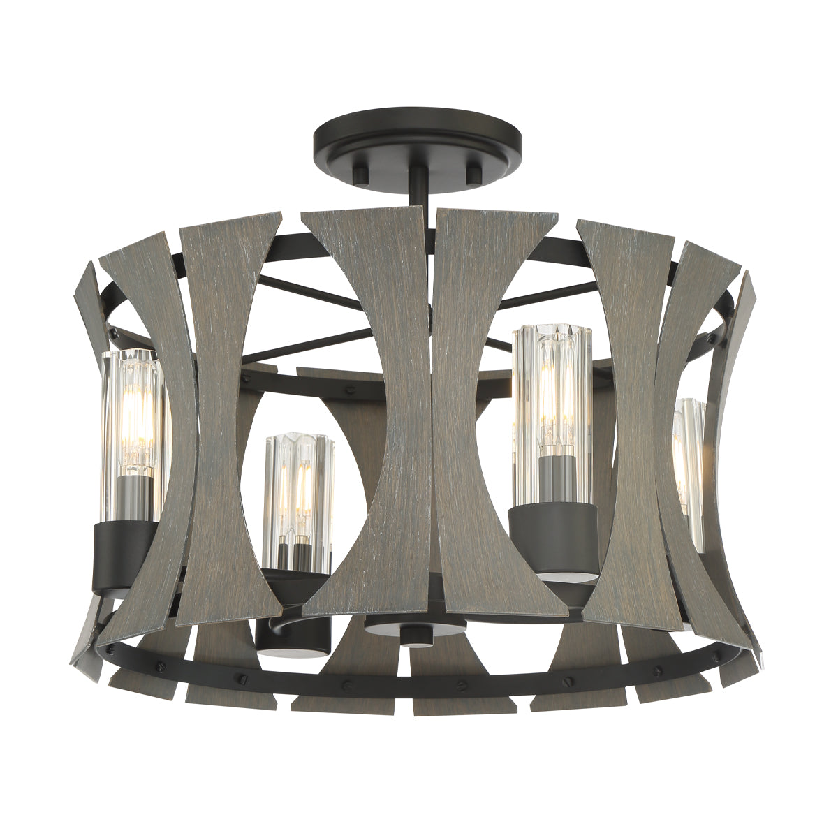 Eurofase Lighting Pennino 17" 4-Light Round Dimmable Bare Bulb LED Matte Black/ Gray Wood Metal Semi Flush Mount