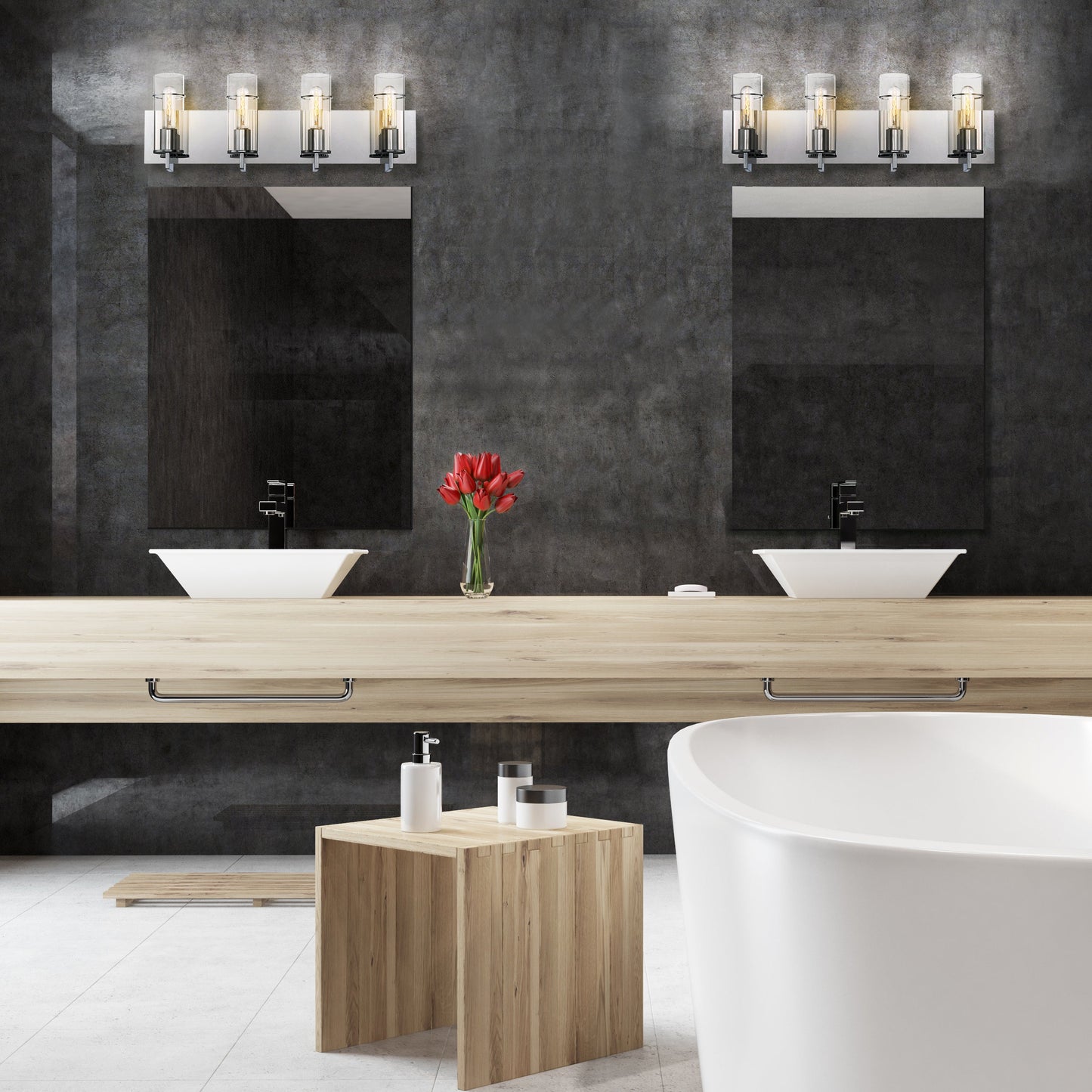 Eurofase Lighting Pista 26" 4-Light Dimmable Incandescent Chrome Bath Bar With Clear Glass Shades
