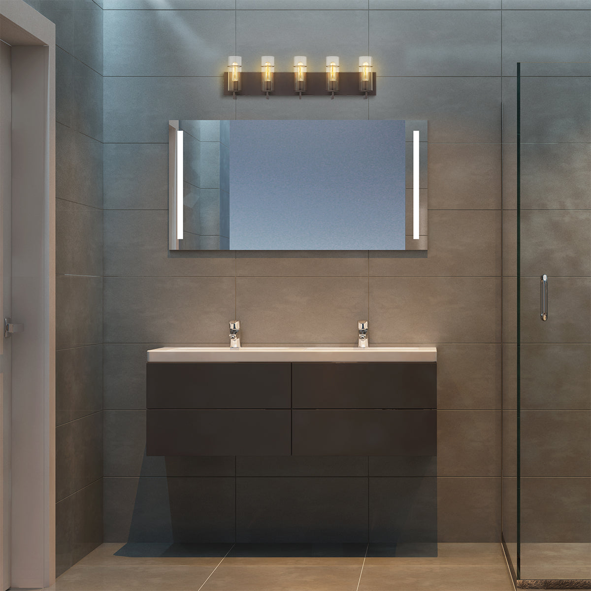 Eurofase Lighting Pista 34" 5-Light Dimmable Incandescent Black Bath Bar With Clear Glass Shades