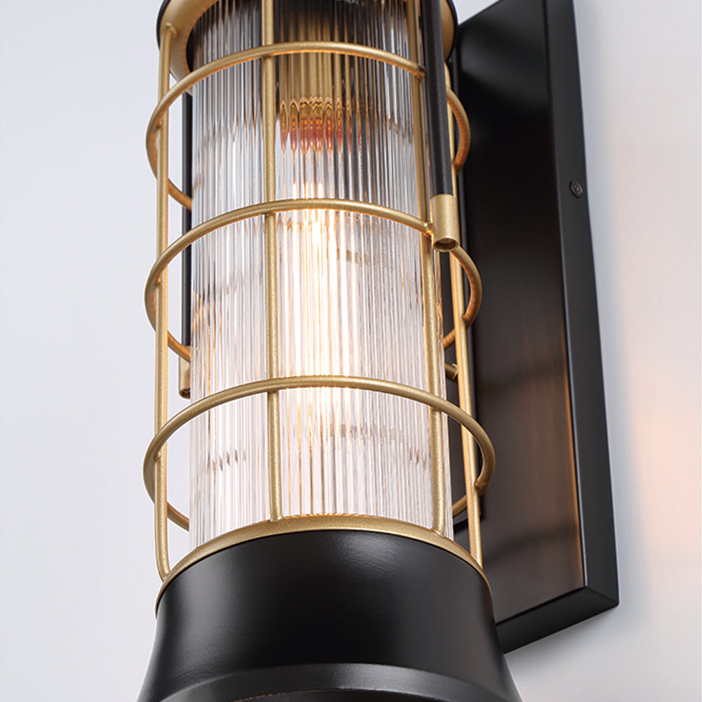 Eurofase Lighting Rivamar 8" Large Dimmable Incandescent Oil Rubbed Bronze/ Gold Outdoor Wall Sconce With Ribbed Glass Shade