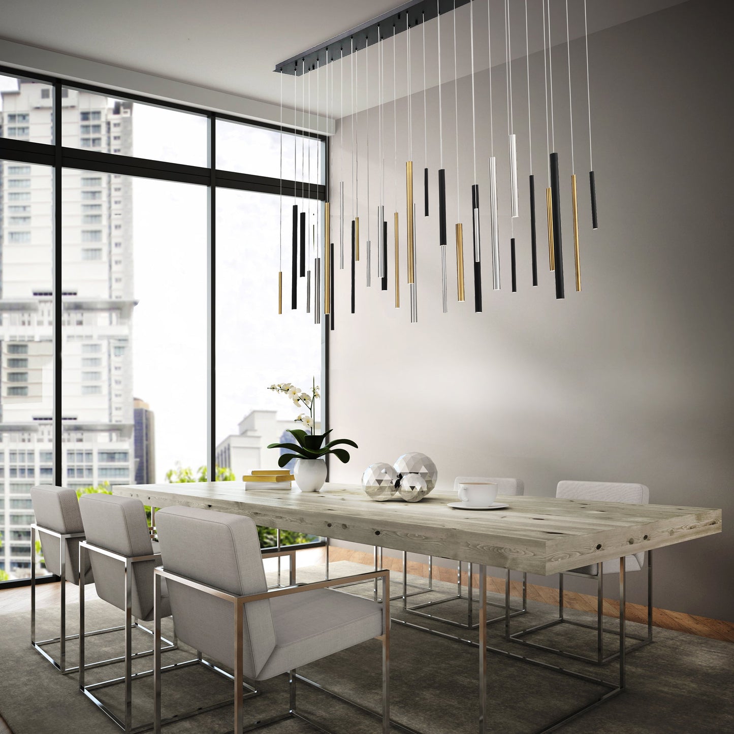 Eurofase Lighting Santana 72" 30-Light Linear Dimmable LED Multi Color Metal Chandelier With Extruded Metal Tube Shades
