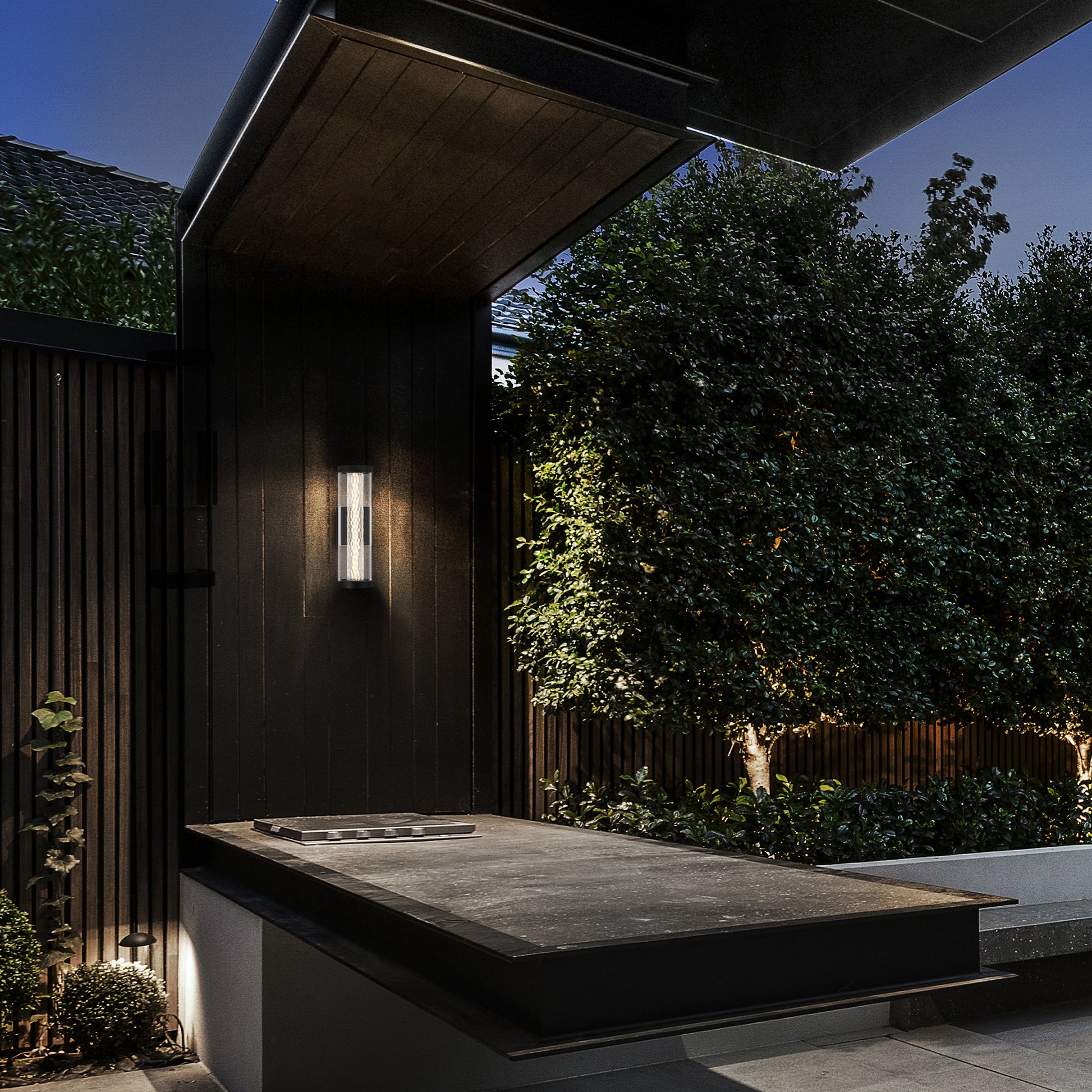 Eurofase Lighting Savron 14" 1-Light Integrated LED Clear Glass Shade Matte Black Metal Outdoor Wall Sconce