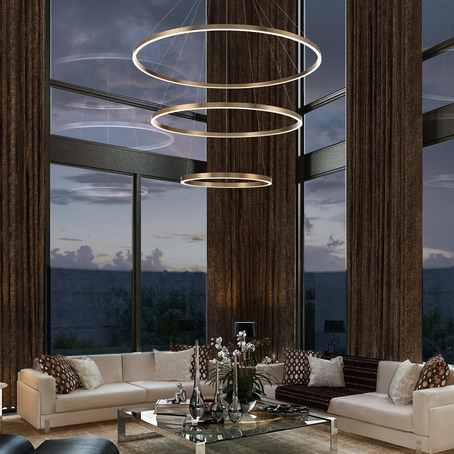 Eurofase Lighting Spunto 61" 3-Tier Dimmable Integrated LED Gold Chandelier With Opal White Shades