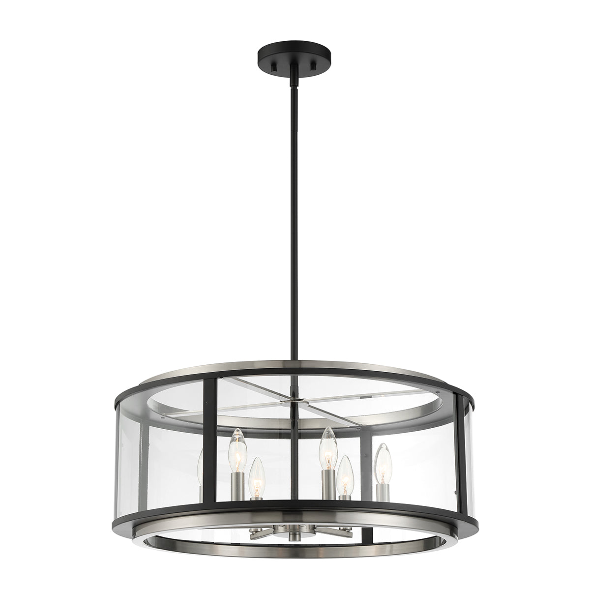 Eurofase Lighting Tambouro 21" 6-Light Dimmable Matte Black & Satin Nickel Pendant Light With Clear Glass Shade