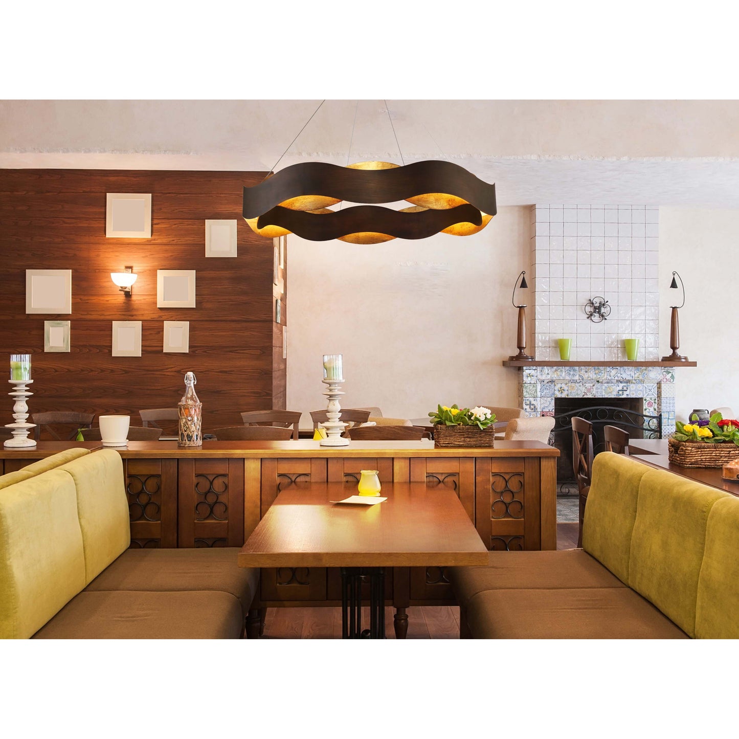 Eurofase Lighting Vaughan 34" Large Bronze Round Dimmable LED Metal Chandelier With Bronze & Gold Wavy Metal Shade