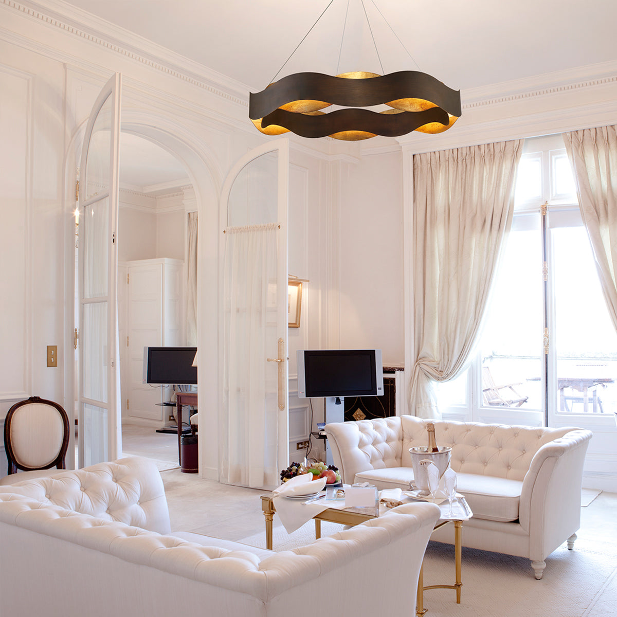 Eurofase Lighting Vaughan 34" Large Bronze Round Dimmable LED Metal Chandelier With Bronze & Gold Wavy Metal Shade