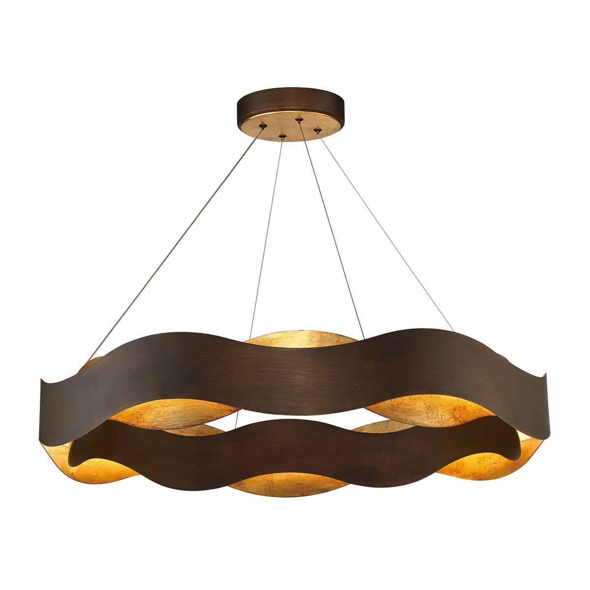 Eurofase Lighting Vaughan 34" Large Bronze Round Dimmable LED Metal Chandelier With Bronze & Gold Wavy Metal Shade