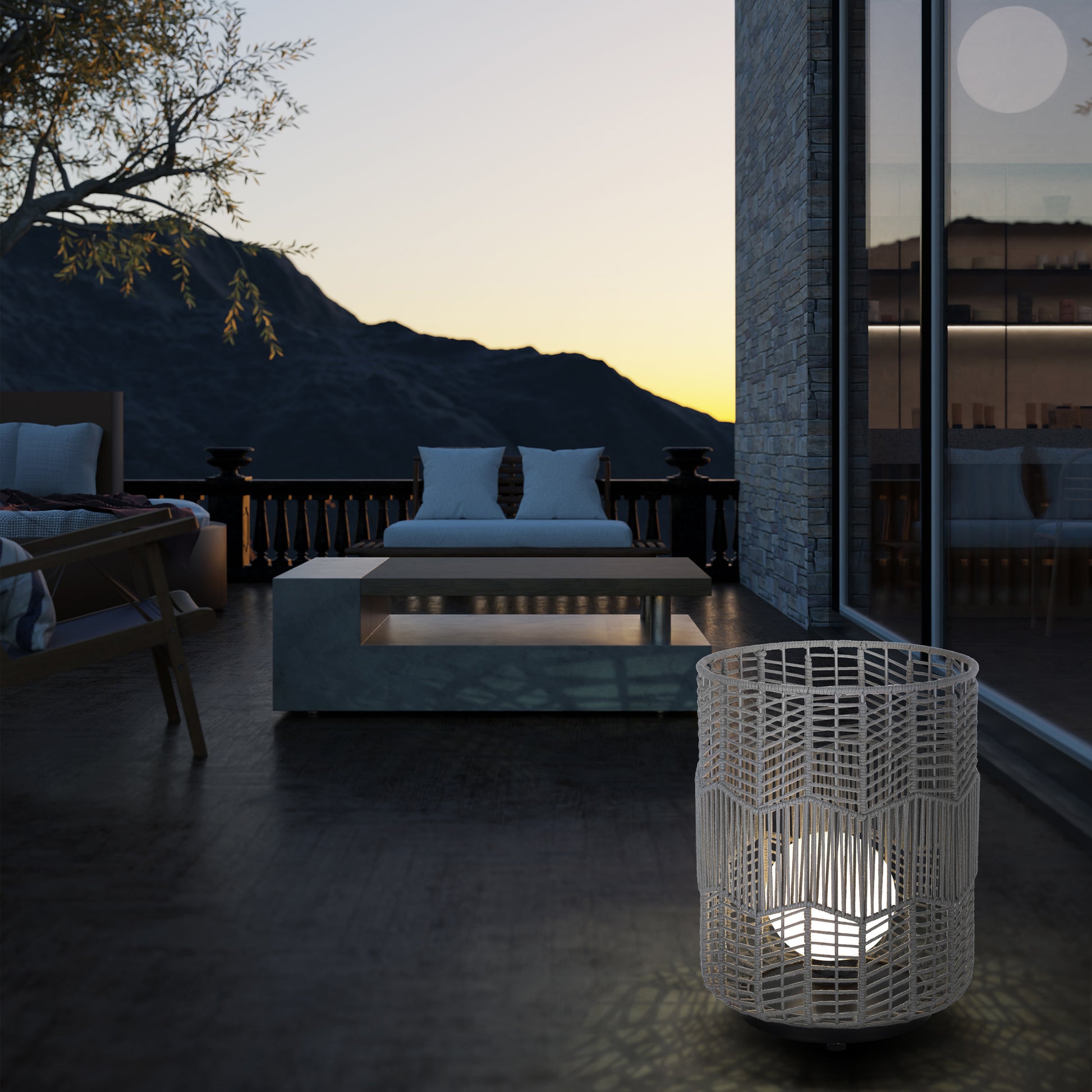 Eurofase Lighting Wallis 22" 1-Light Gray Rope Shade Matte Black Pet Weave Portable Outdoor Light