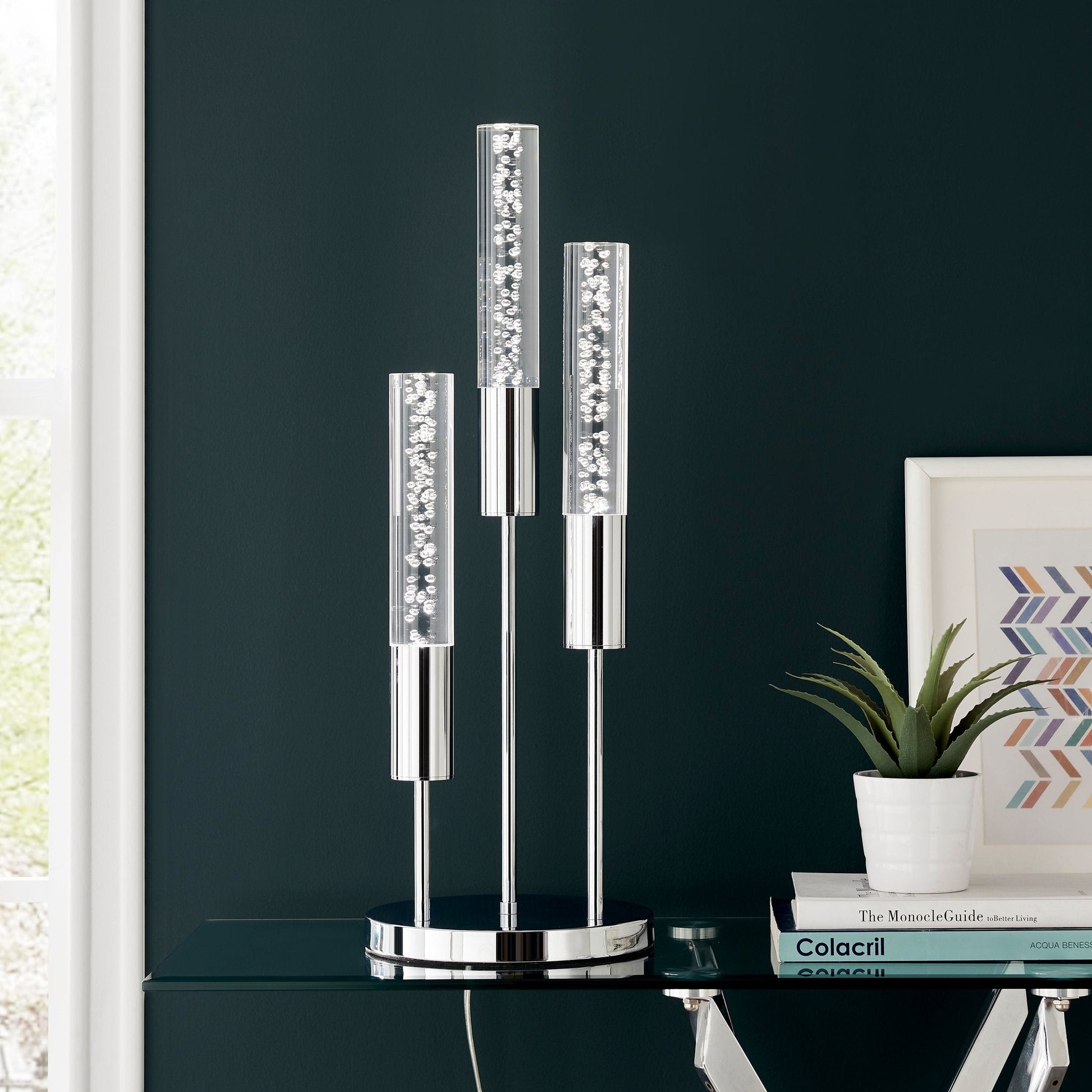 Finesse Decor 10" W x 29" H Chrome Finish 3-Light LED Acrylic Tube Table Lamp