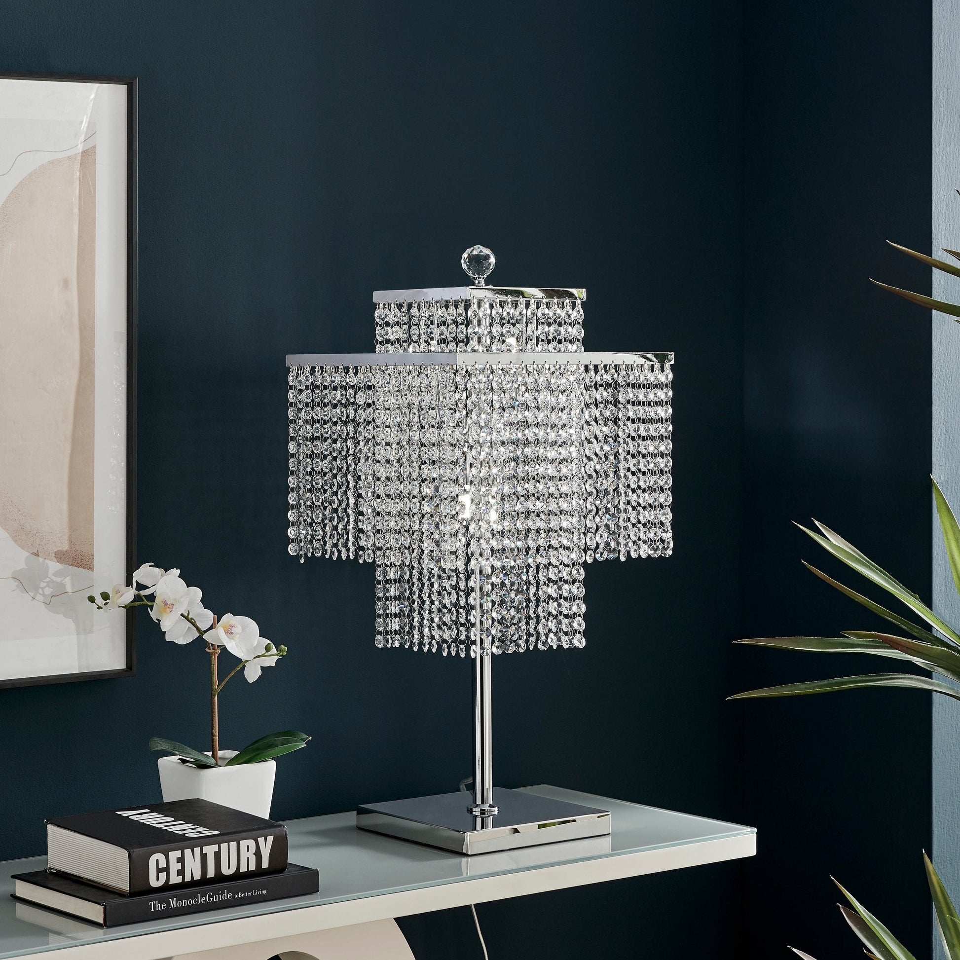 Finesse Decor 13" W x 22" H Chrome Finish 4-Light Square Crystal Double Crown Table Lamp