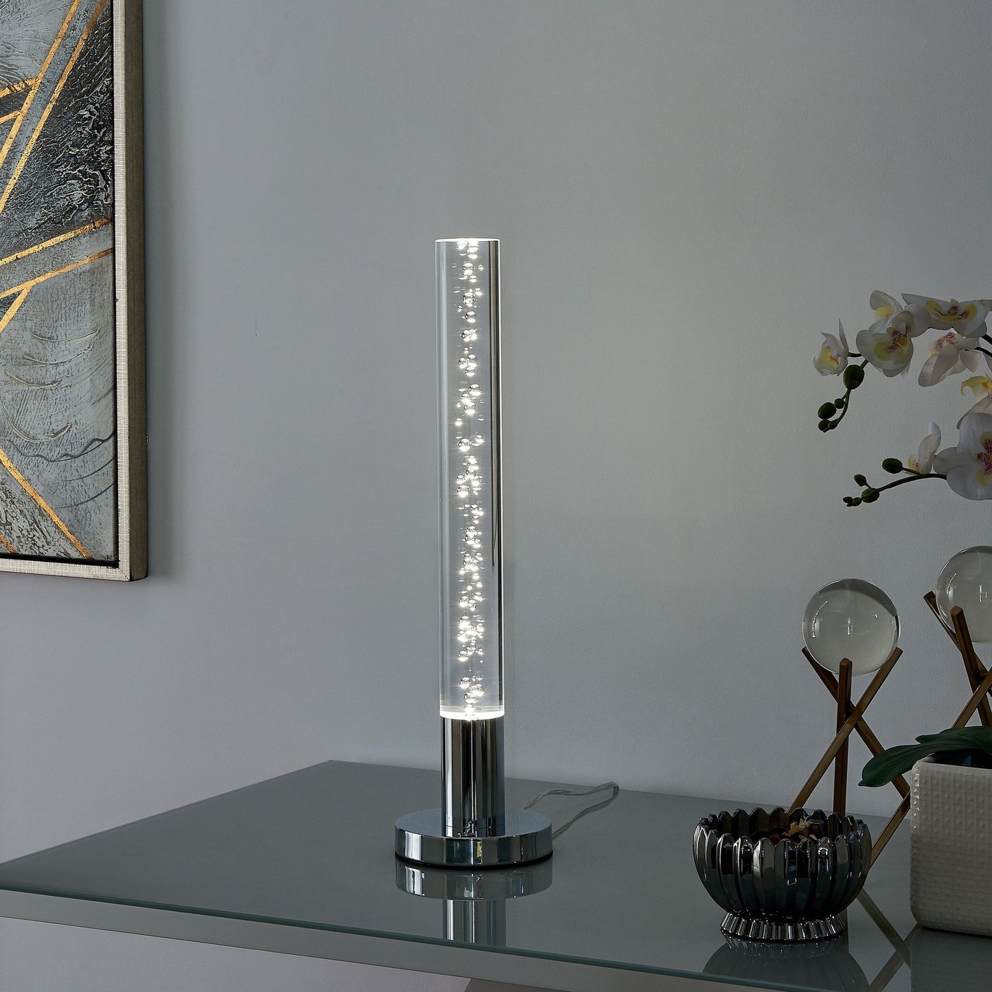 Finesse Decor 6" W x 25" H Chrome Finish 1-Light Acrylic Cylinder Table Lamp With Touch Switch