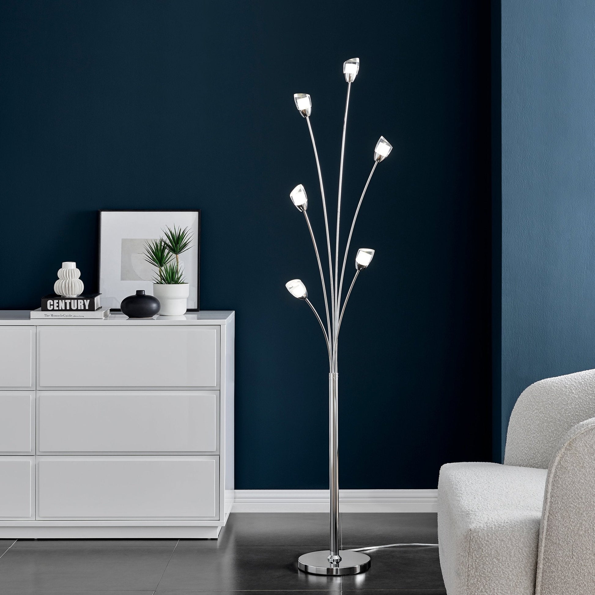 Finesse Decor 67" Polished Chrome Finish 6-Light LED Floor Lamp With Acrylic Tulip Shaped Shade