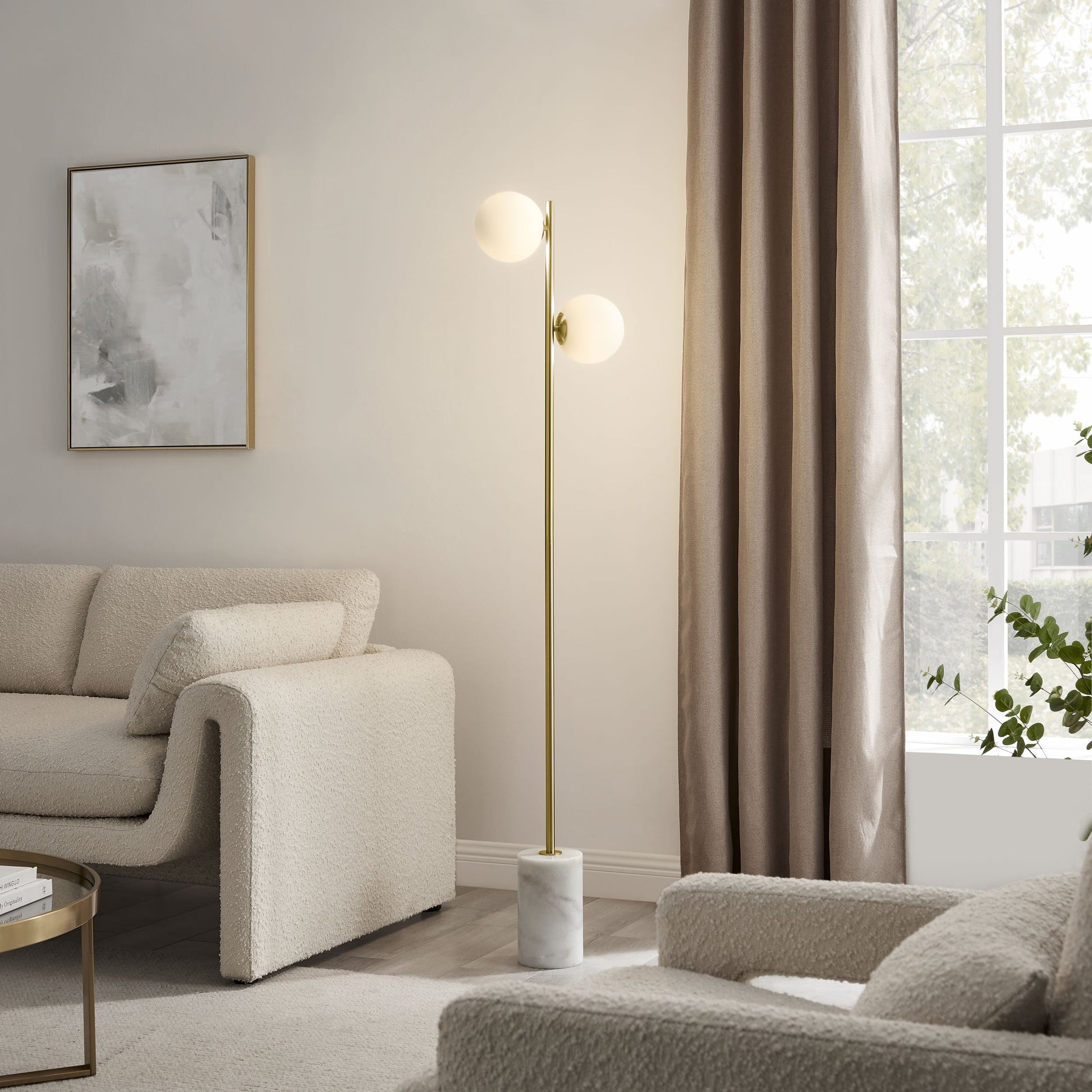 Finesse Decor Anechdoche 65" Gold and White 2-Light Floor Lamp With Frosted Glass Globe Shade