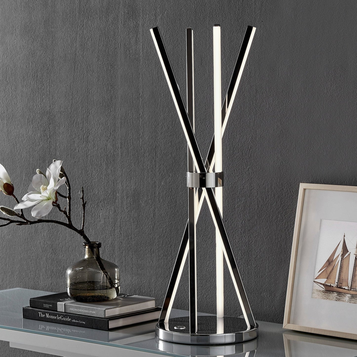Finesse Decor Bergen 9" W x 26" H Chrome Finish 4-Light LED Strip Table Lamp With Touch Dimmer