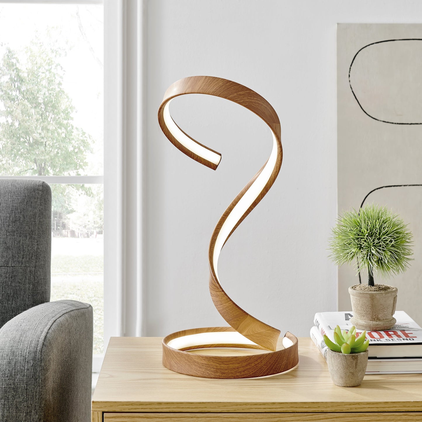 Finesse Decor Hamburg 9" W x 17" H Light Wood Brown Finish 1-Light LED Strip Table Lamp With Dimmable Switch