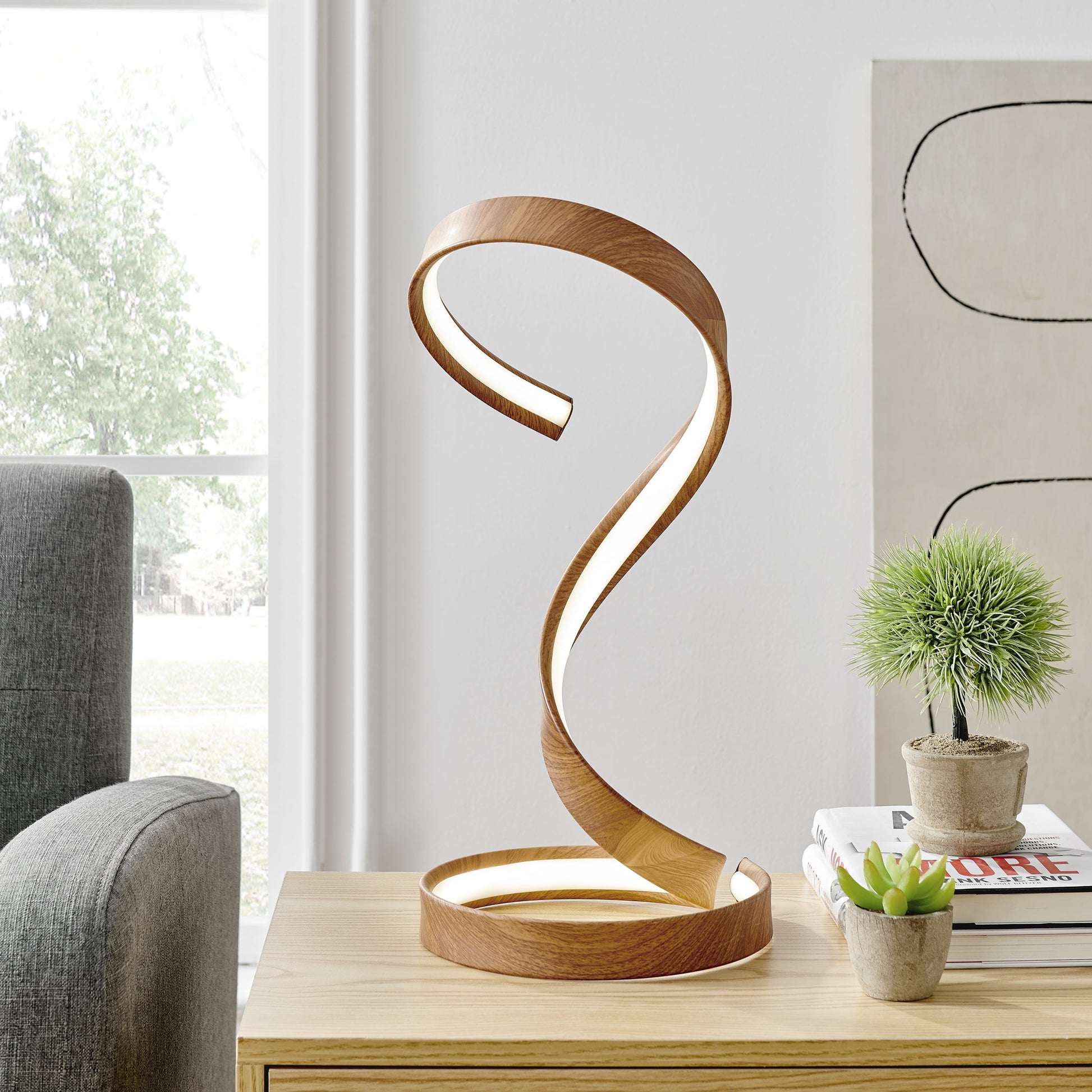 Finesse Decor Hamburg 9" W x 17" H Light Wood Brown Finish 1-Light LED Strip Table Lamp With Dimmable Switch